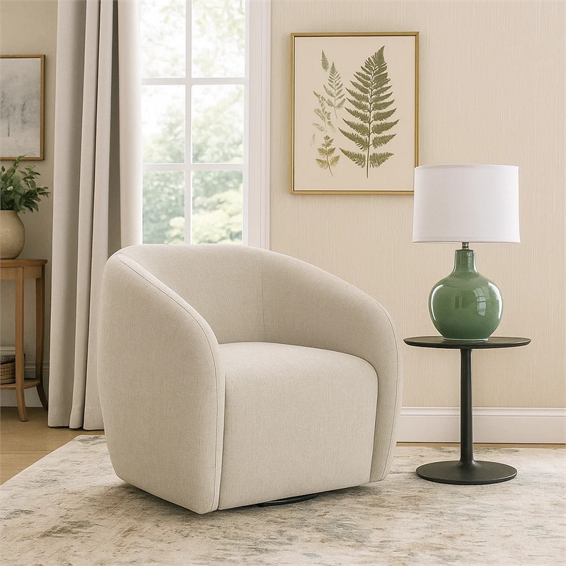 Tiena Swivel Accent Chair- Modern Style Rounded Back- Warm Beige Linen