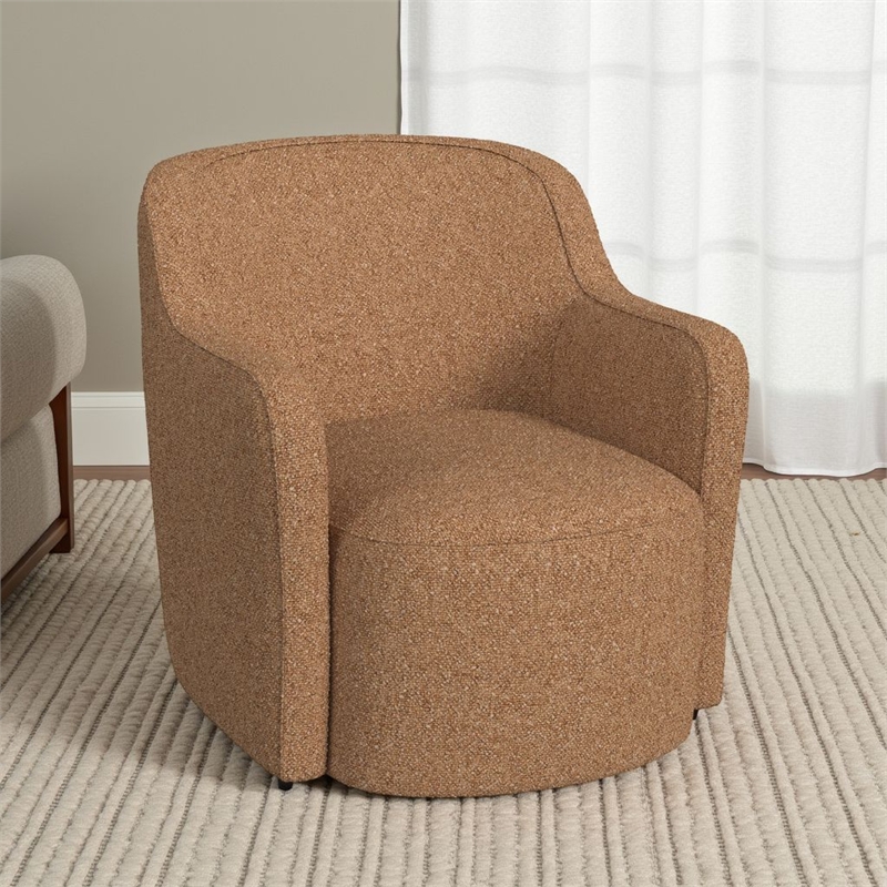 Kopi Swivel Accent Club Chair- Light Tan Brown Boucle- Curved Backrest