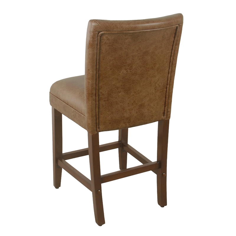 24 Inch Counter Stool Chair- Brown Wood Frame- Faux Leather Seat