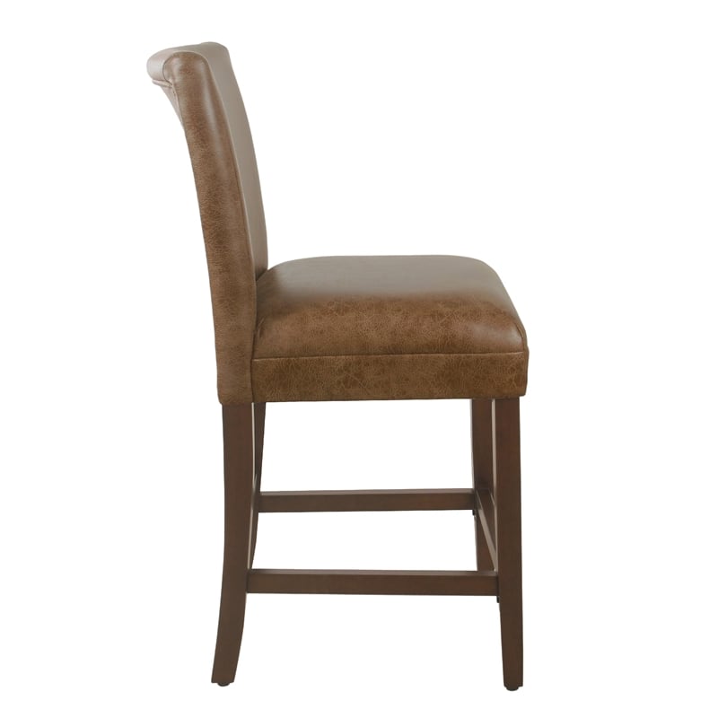 24 Inch Counter Stool Chair- Brown Wood Frame- Faux Leather Seat