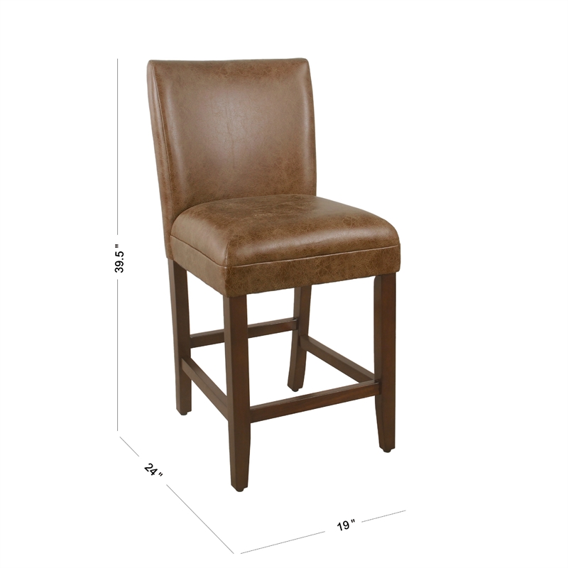 24 Inch Counter Stool Chair- Brown Wood Frame- Faux Leather Seat