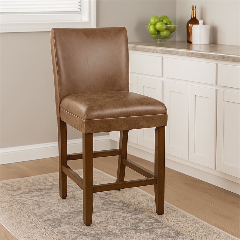 24 Inch Counter Stool Chair- Brown Wood Frame- Faux Leather Seat
