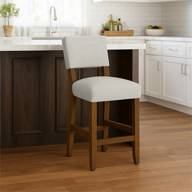 Bowo Counter Stool Chair- Gray Woven Fabric- Brown Hardwood Legs