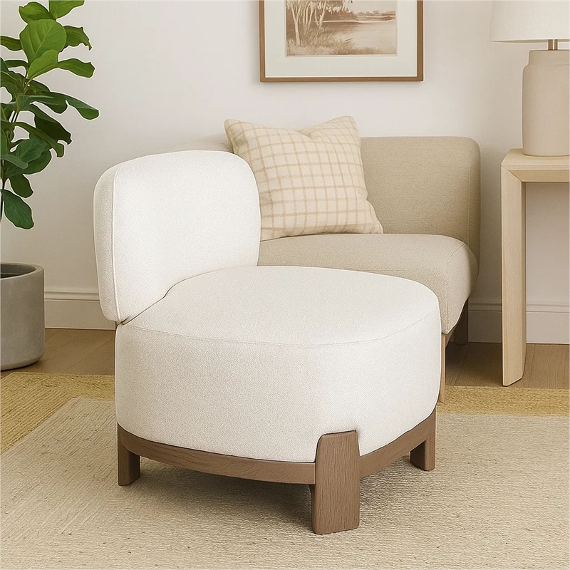 Dem Accent Chair- Armless Cream White Polyester Seat- Wood legs n Trim