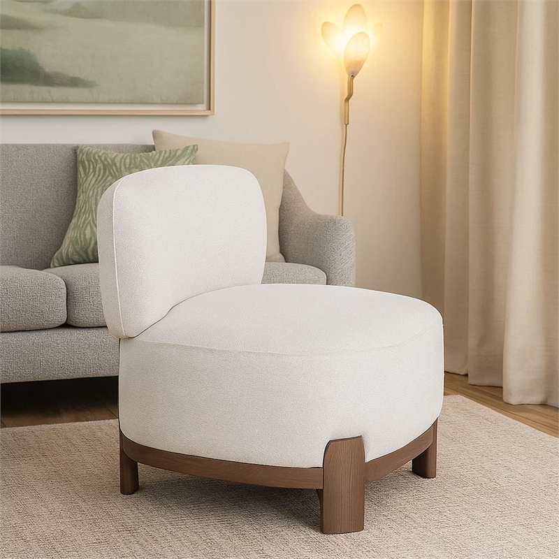 Dem Accent Chair- Armless Cream White Polyester Seat- Wood legs n Trim