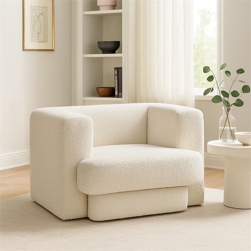 Foxo Retro Oversize Chair- Padded Ivory Velvet- 44 Inch Wide- Solid Wood
