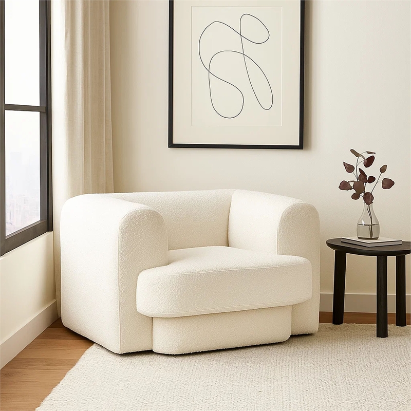 Foxo Retro Oversize Chair- Padded Ivory Velvet- 44 Inch Wide- Solid Wood