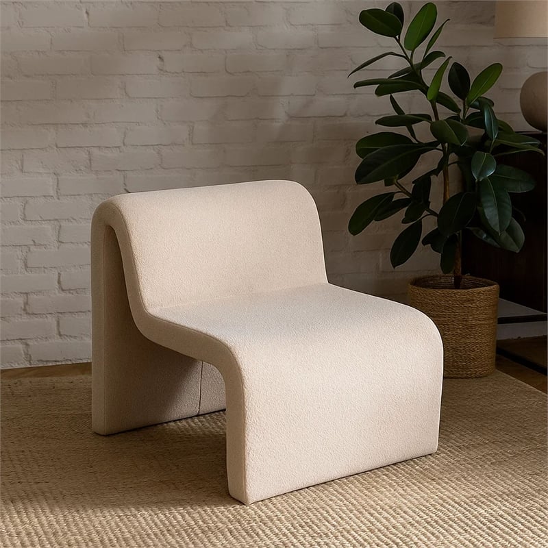Nena Accent Chair- Armless Design- Camel Brown Looped Shearling Fabric