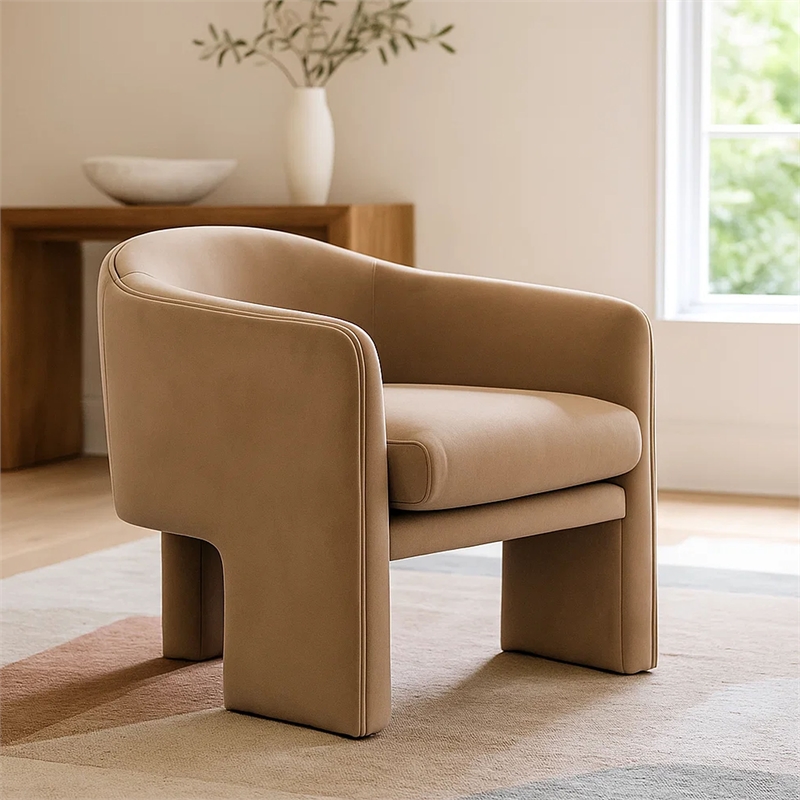 Lery Accent Chair- Curved Back Tripod Base- Camel Brown Velvet- 29 Inch