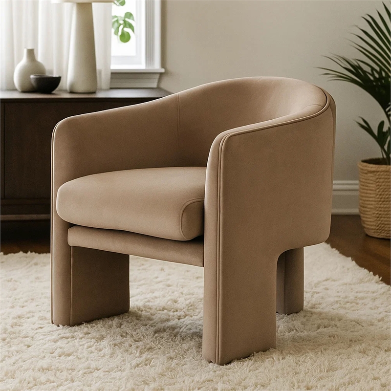 Lery Accent Chair- Curved Back Tripod Base- Camel Brown Velvet- 29 Inch