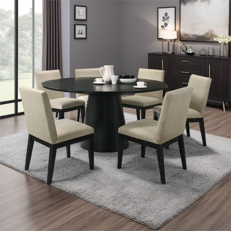 Bili 7pc 59 Inch Round Dining Table Set w 6 Beige Chairs- Black Wood