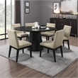 Bili 7pc 59 Inch Round Dining Table Set w 6 Beige Chairs- Black Wood