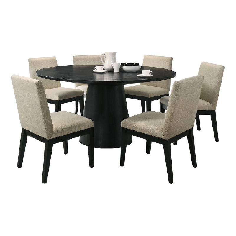 Bili 7pc 59 Inch Round Dining Table Set w 6 Beige Chairs- Black Wood