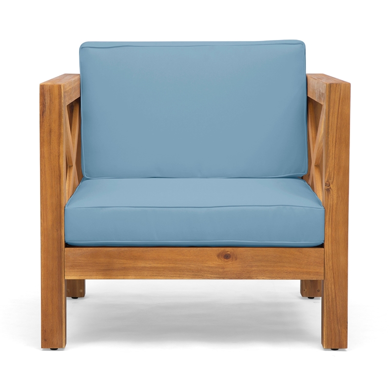 Juna Outdoor Accent Club Chair- Teak Brown Acacia Wood- Blue Fabric