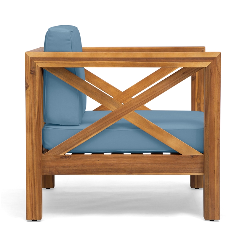 Juna Outdoor Accent Club Chair- Teak Brown Acacia Wood- Blue Fabric