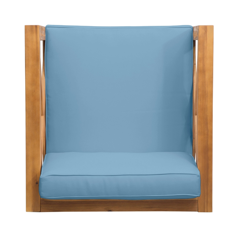 Juna Outdoor Accent Club Chair- Teak Brown Acacia Wood- Blue Fabric