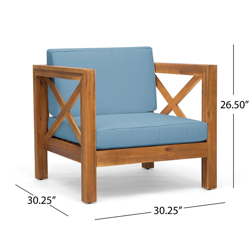 Juna Outdoor Accent Club Chair- Teak Brown Acacia Wood- Blue Fabric