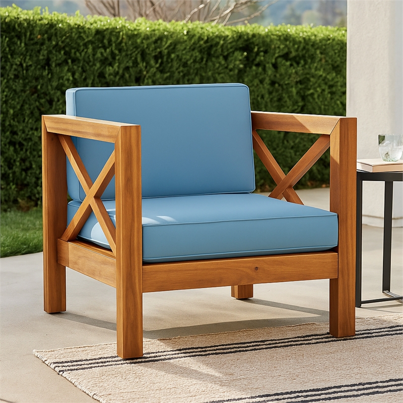 Juna Outdoor Accent Club Chair- Teak Brown Acacia Wood- Blue Fabric
