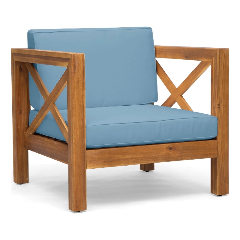 Juna Outdoor Accent Club Chair- Teak Brown Acacia Wood- Blue Fabric