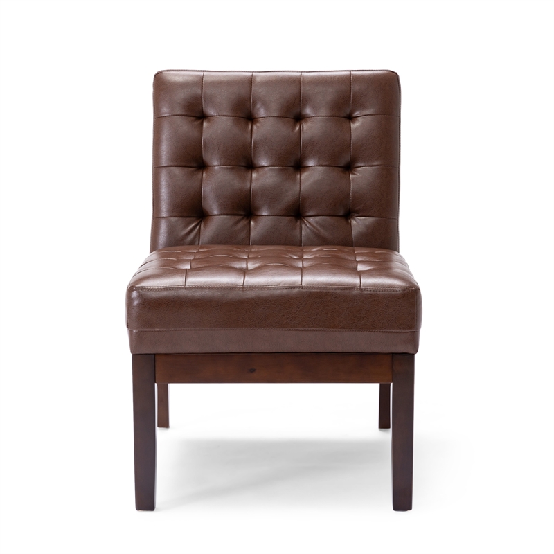 Armless Accent Chair- Tufted Dark Brown Faux Leather- Rubberwood Frame