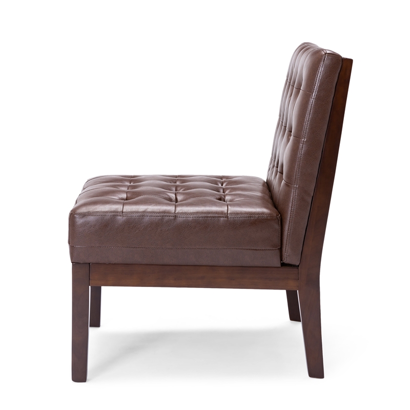 Armless Accent Chair- Tufted Dark Brown Faux Leather- Rubberwood Frame