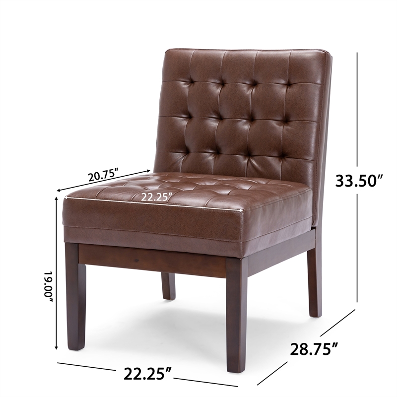 Armless Accent Chair- Tufted Dark Brown Faux Leather- Rubberwood Frame