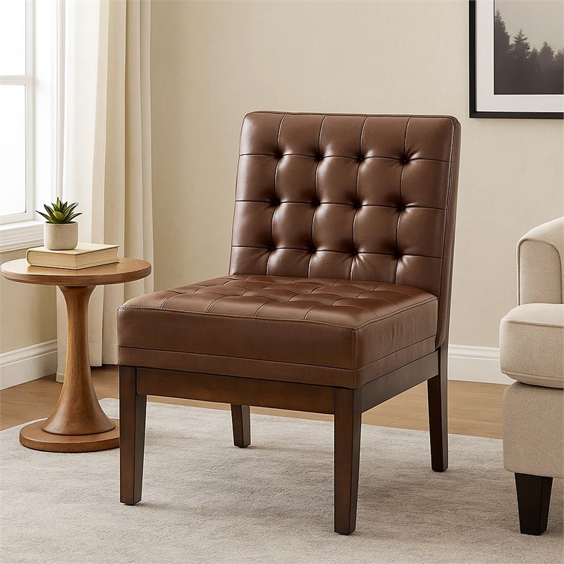 Armless Accent Chair- Tufted Dark Brown Faux Leather- Rubberwood Frame