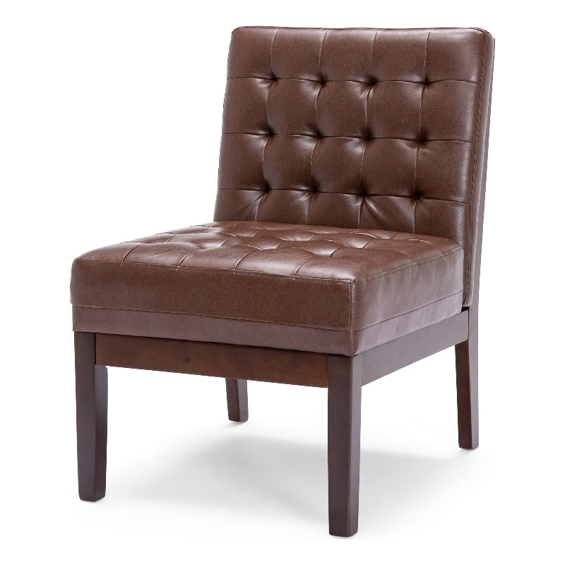 Armless Accent Chair- Tufted Dark Brown Faux Leather- Rubberwood Frame
