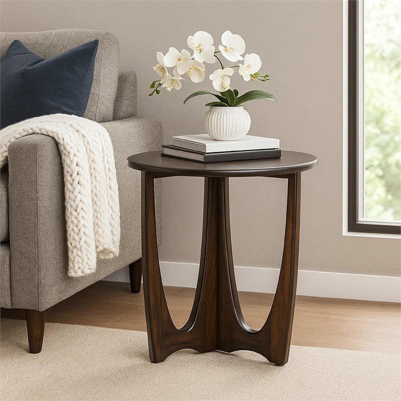 Natra Chairside Table- 22 Inch Round Top w Cutout Base- Dark Brown