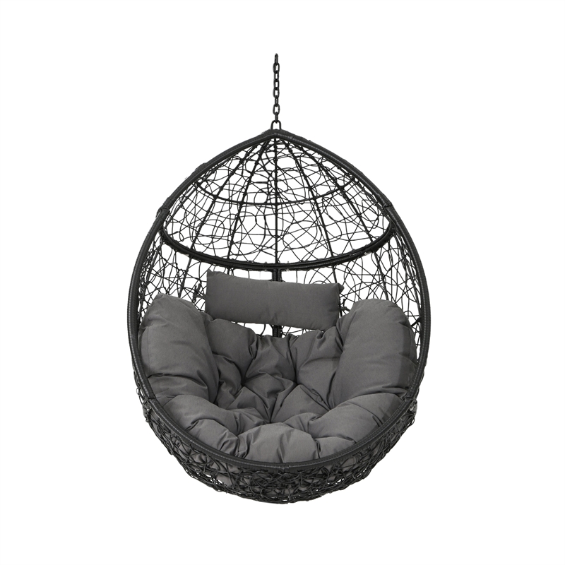Keline Hanging Swing Lounge Chair- Gray Faux Rattan- Cushions- 49 Inch