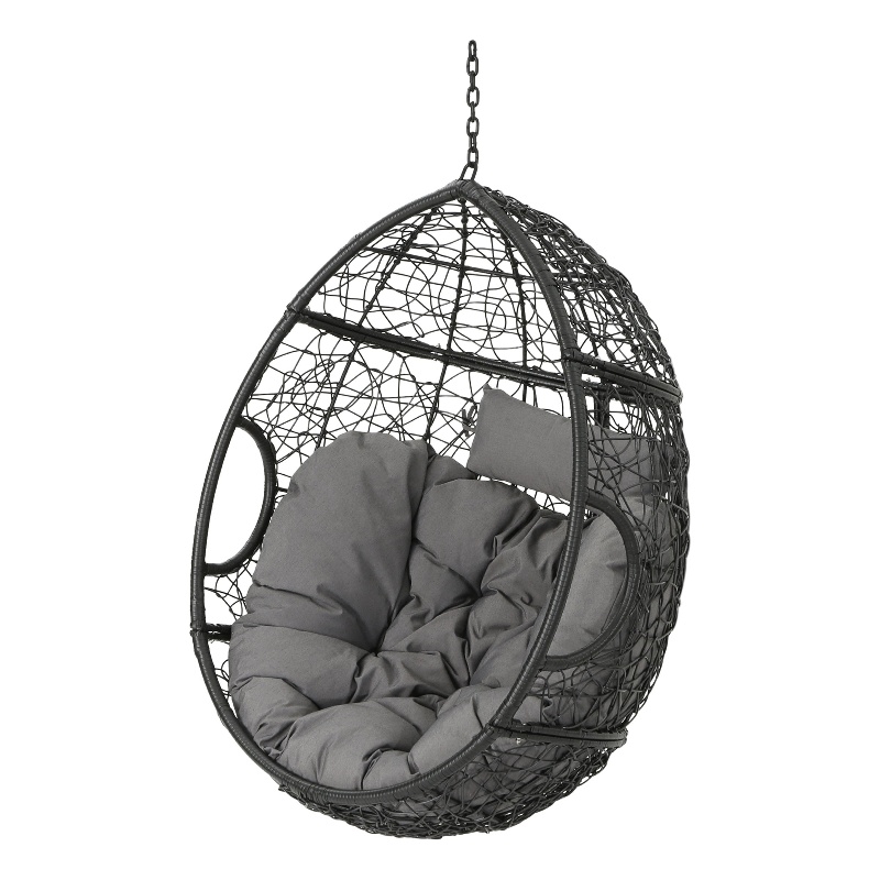 Keline Hanging Swing Lounge Chair- Gray Faux Rattan- Cushions- 49 Inch