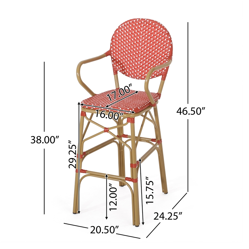 Lyam Set of 2 Outdoor Barstool Chair- Red Woven Wicker- Brown Aluminum