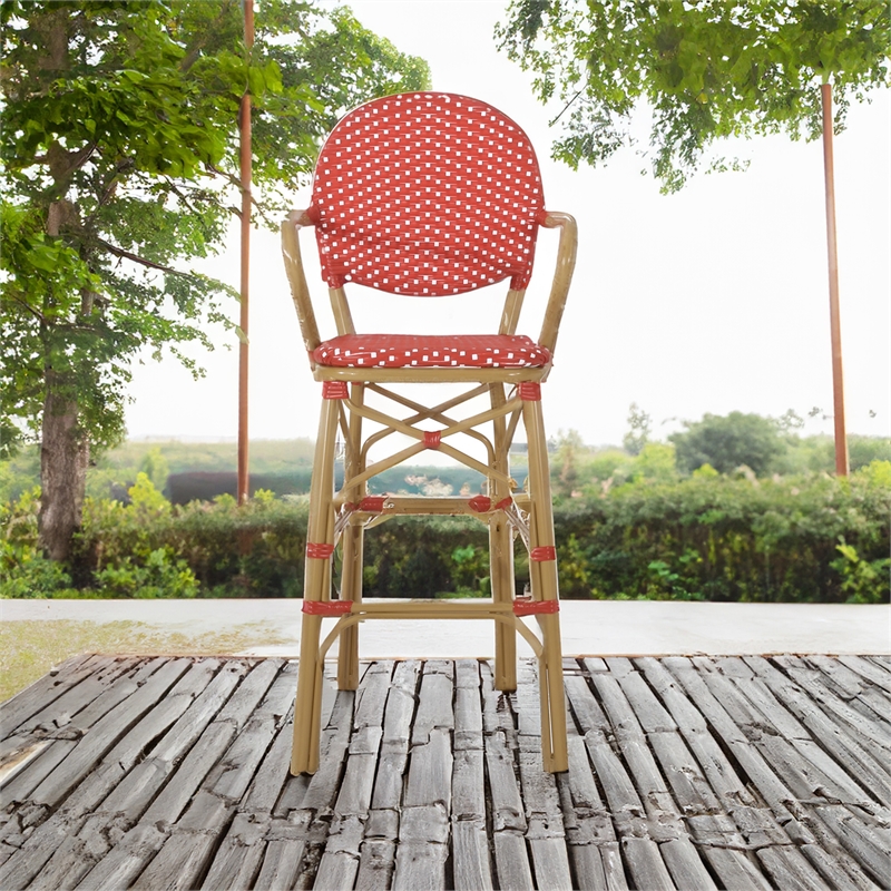 Lyam Set of 2 Outdoor Barstool Chair- Red Woven Wicker- Brown Aluminum
