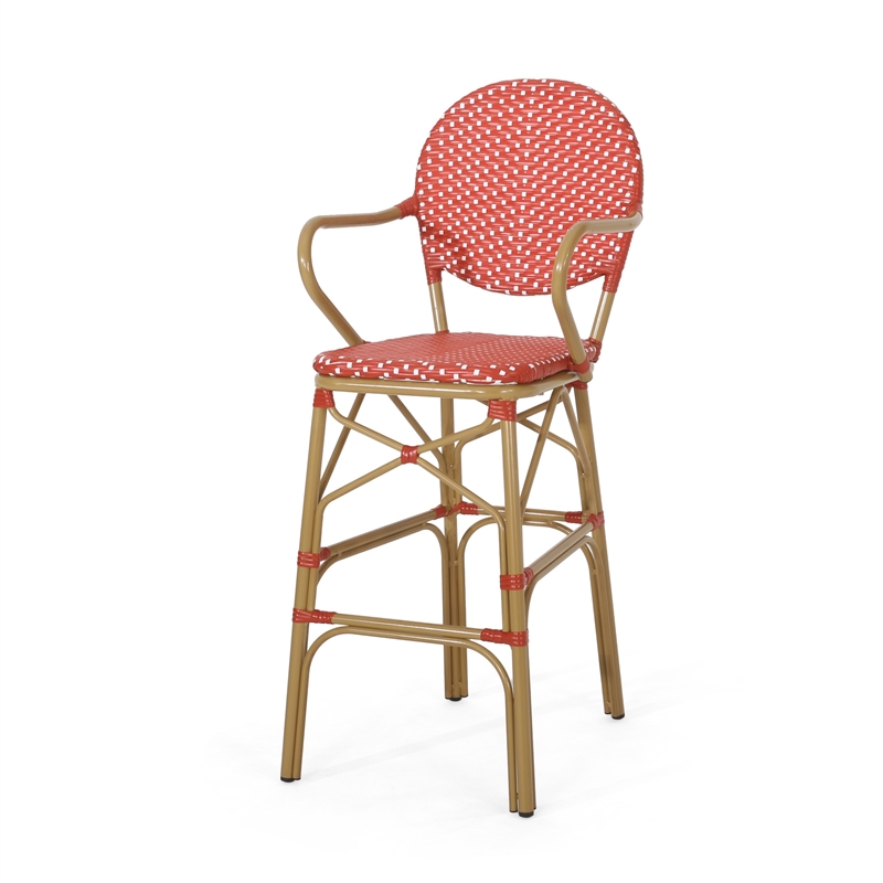 Lyam Set of 2 Outdoor Barstool Chair- Red Woven Wicker- Brown Aluminum