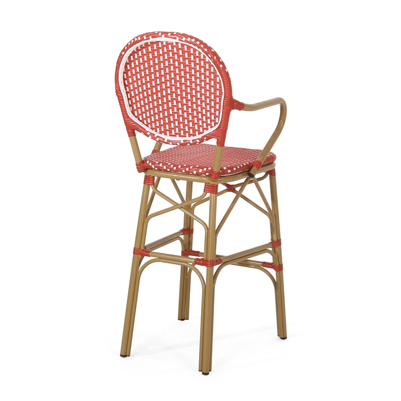 Lyam Set of 2 Outdoor Barstool Chair- Red Woven Wicker- Brown Aluminum