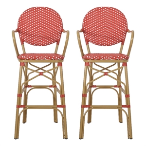 Lyam Set of 2 Outdoor Barstool Chair- Red Woven Wicker- Brown Aluminum
