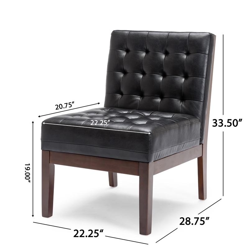Keyur Accent Chair- Rubberwood Legs- Black Waffle-Stitch Faux Leather