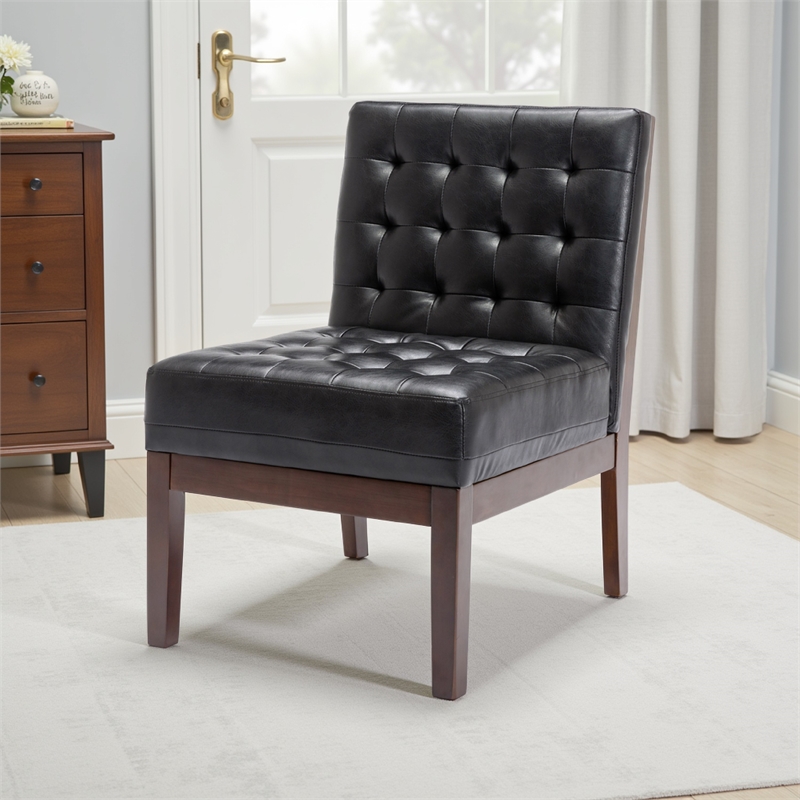 Keyur Accent Chair- Rubberwood Legs- Black Waffle-Stitch Faux Leather
