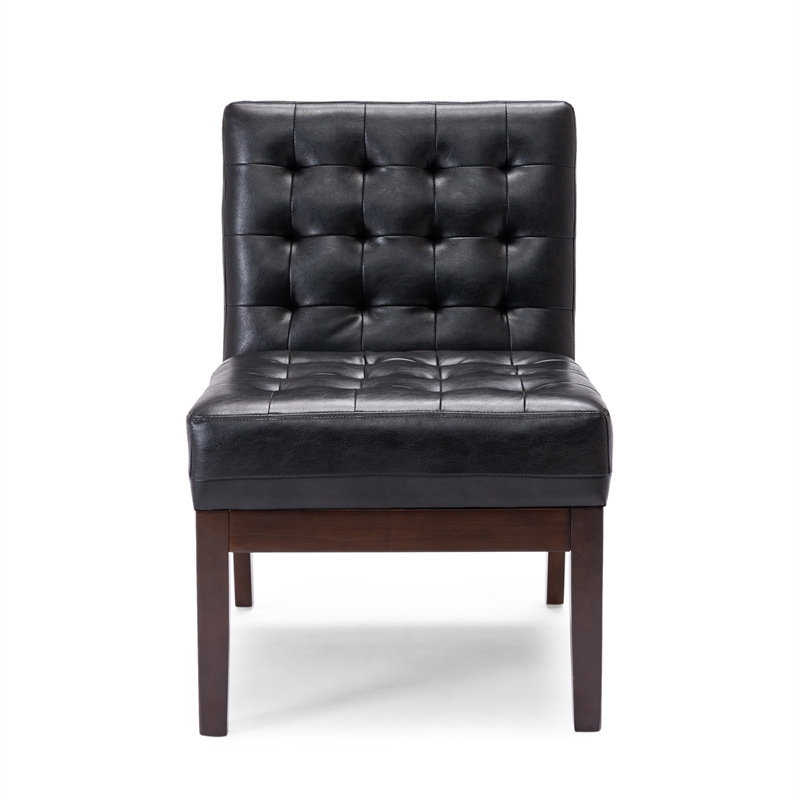 Keyur Accent Chair- Rubberwood Legs- Black Waffle-Stitch Faux Leather