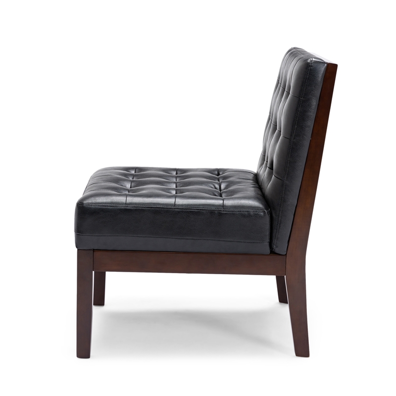 Keyur Accent Chair- Rubberwood Legs- Black Waffle-Stitch Faux Leather