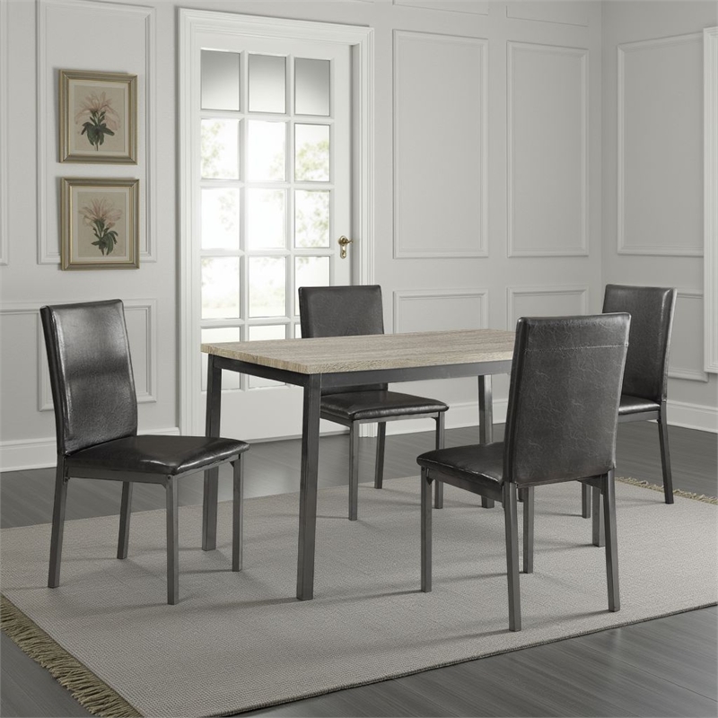Raza 5pc Dining Set- Weathered Gray Table- 4 Black Faux Leather Chairs