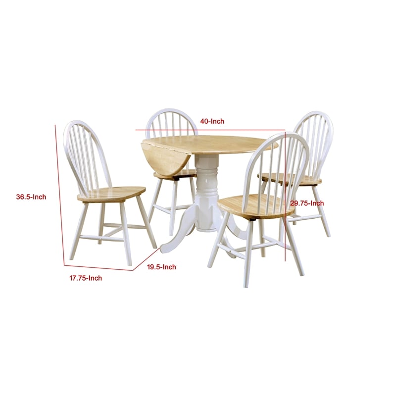 Giva Round Dining Table and 4 Chairs Set- Drop-Leaf- White and Brown