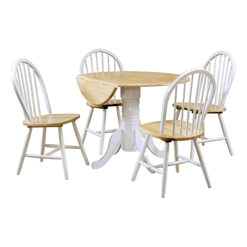 Giva Round Dining Table and 4 Chairs Set- Drop-Leaf- White and Brown