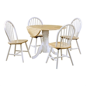 Giva Round Dining Table and 4 Chairs Set- Drop-Leaf- White and Brown