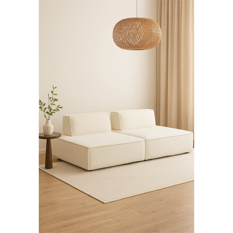 Gada 2 Piece Square Lounger Chairs- Welt Trim Ivory Boucle- Solid Wood