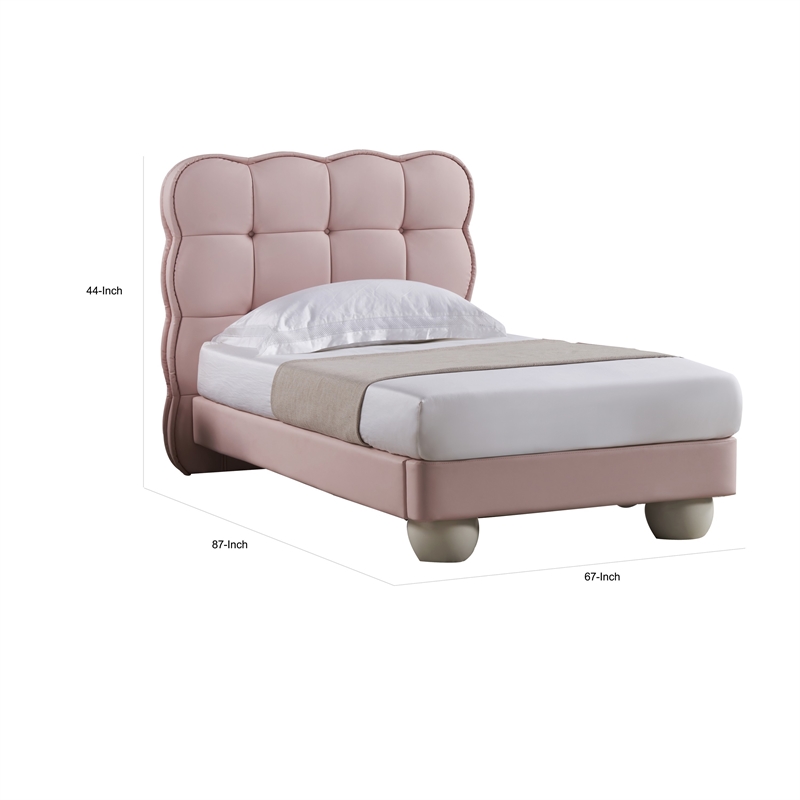 Jeny Queen Size Bed- Pink Leather Upholstered Tufted Headboard- Wood