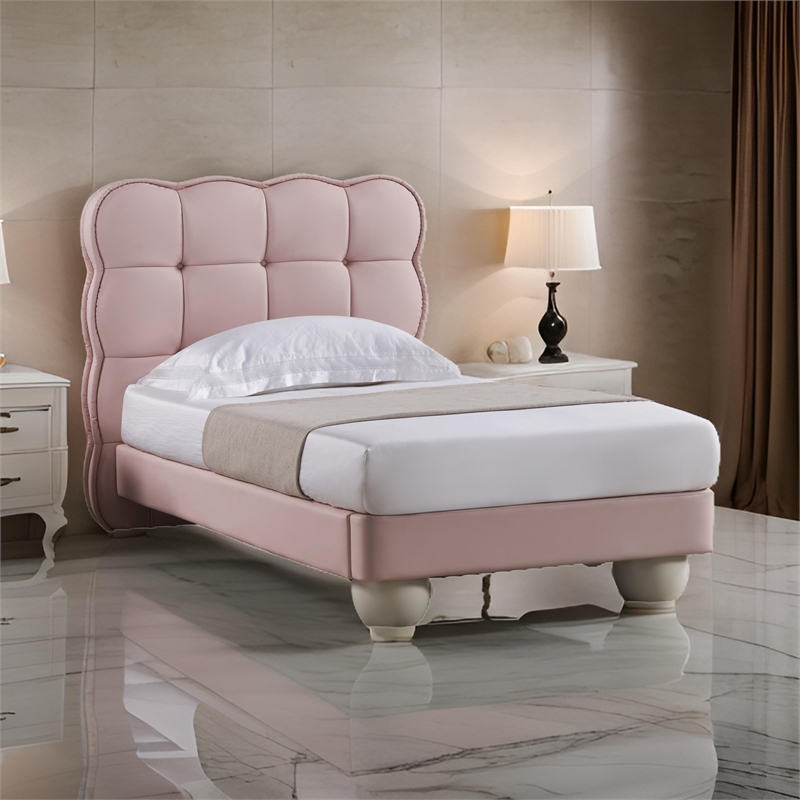 Jeny Queen Size Bed- Pink Leather Upholstered Tufted Headboard- Wood