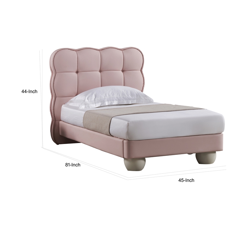 Jeny Twin Size Bed- Pink Leather Upholstered Tufted Headboard- Wood
