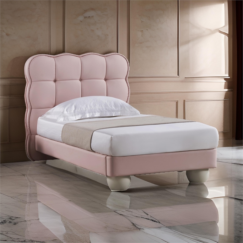 Jeny Twin Size Bed- Pink Leather Upholstered Tufted Headboard- Wood