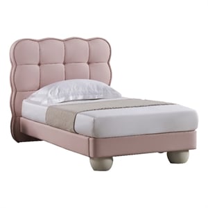Jeny Twin Size Bed- Pink Leather Upholstered Tufted Headboard- Wood